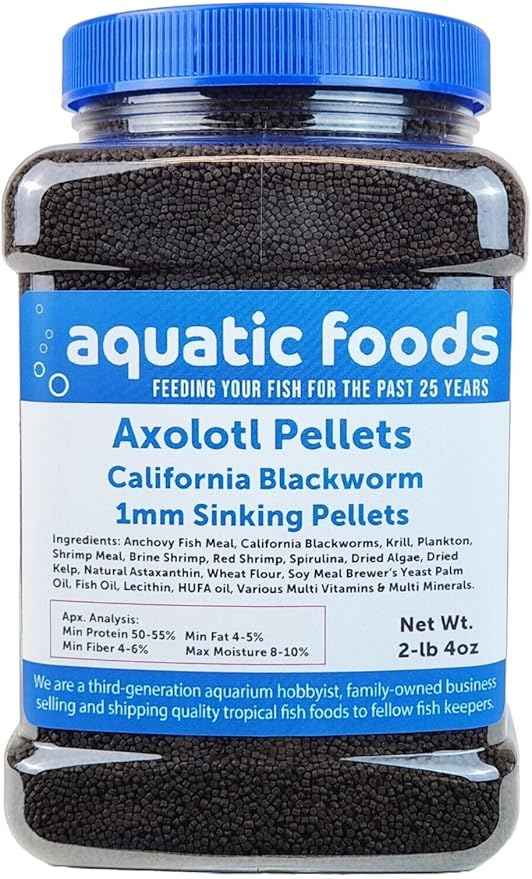 Aquatic Foods Inc. Axolotl Blackworm Pellets. 1mm-1/32 Sinking California Blackworm Micro Pellets for Baby Axolotl, Frogs, Shrimp, Salamanders, Newts, Snailsā¦2-lbs 4oz Jar