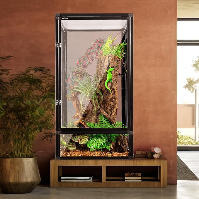 REPTIZOO 16" x 16" x 30" Front Opening Chameleon Cage with 3-Sided Metal Mesh, 33 Gallon Screen Vertical Terrarium with Background Sticker, Tall Enclosure for Chameleon, Tree Frog, Arboreal Reptiles