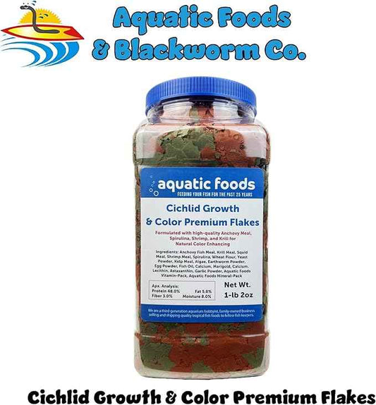 Aquatic Foods Inc. Premium Cichlid Growth and Color Enhancing Flakes with Spirulina, Color Enhancing Astaxanthin Also Pellet Mix, Wafer Mix Included…1-lb 2oz