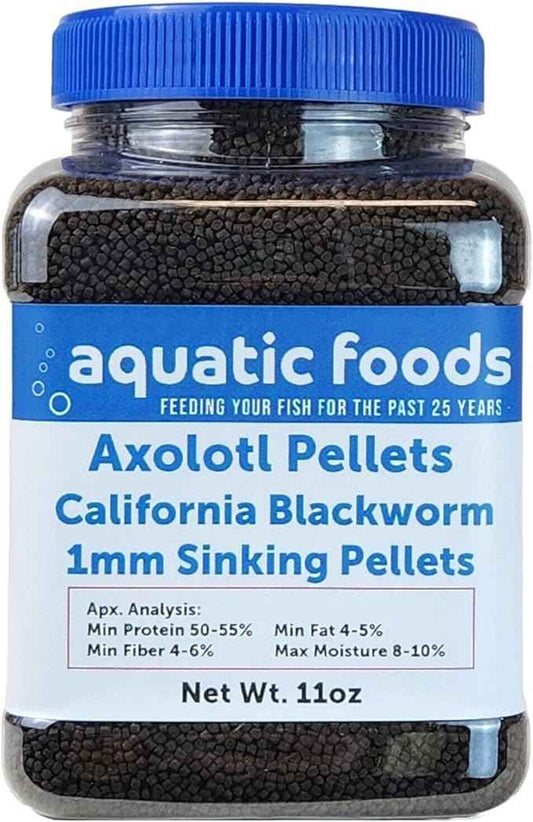 Aquatic Foods Inc. Axolotl Blackworm Pellets. 1mm-1/32 Sinking California Blackworm Micro Pellets for Baby Axolotl, Frogs, Shrimp, Salamanders, Newts, Snails…11oz Jar