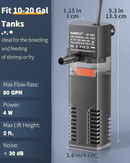 Pawfly Internal Aquarium Filter with 80 GPH Water Pump Quiet Submersible Bio Sponge Foam Filter for 10 to 20 Gallon Fish Tanks Small Multifunctional Filter for Filtration Circulation and Oxygenation