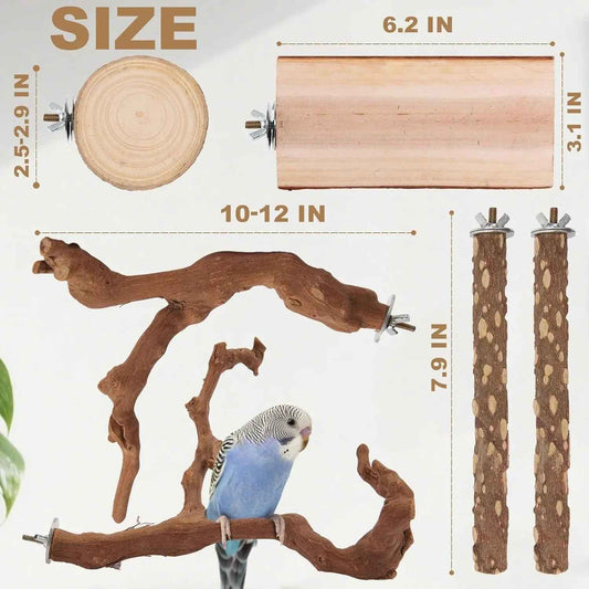 Natural Bird Perch Set – 6PC Grapewood & Peppercorn Branch Perches, Toys