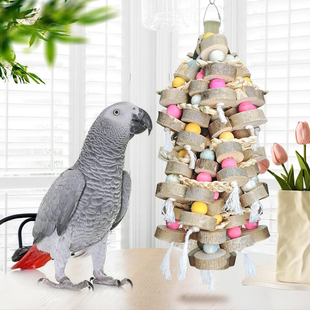 Large Bird Toy Bundle Parrot Chew Toys Natural Wood, Cotton