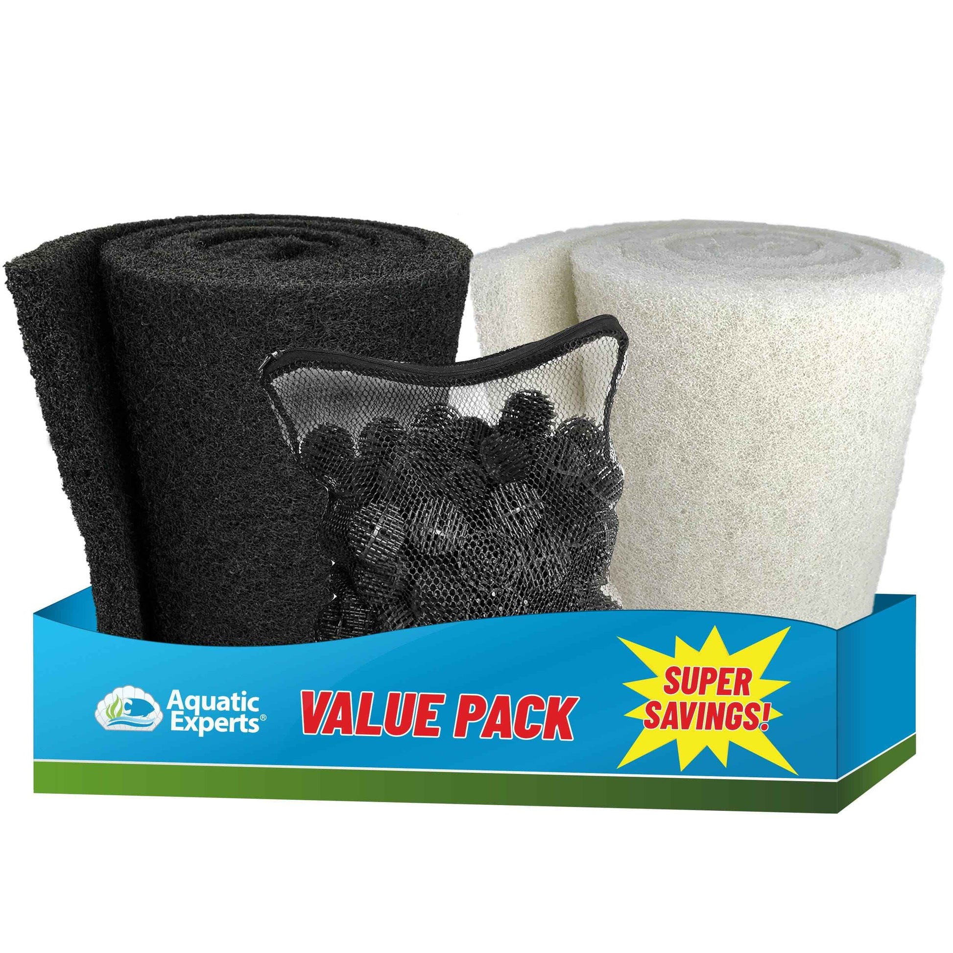 Pond Bundle - BioBall 100 Count with Mesh Bag + Black Coarse 12"x72" + White Fine 12"x72" Bundle