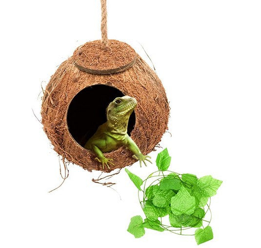 Hanging Natural Coconut Reptile Hide with Vine