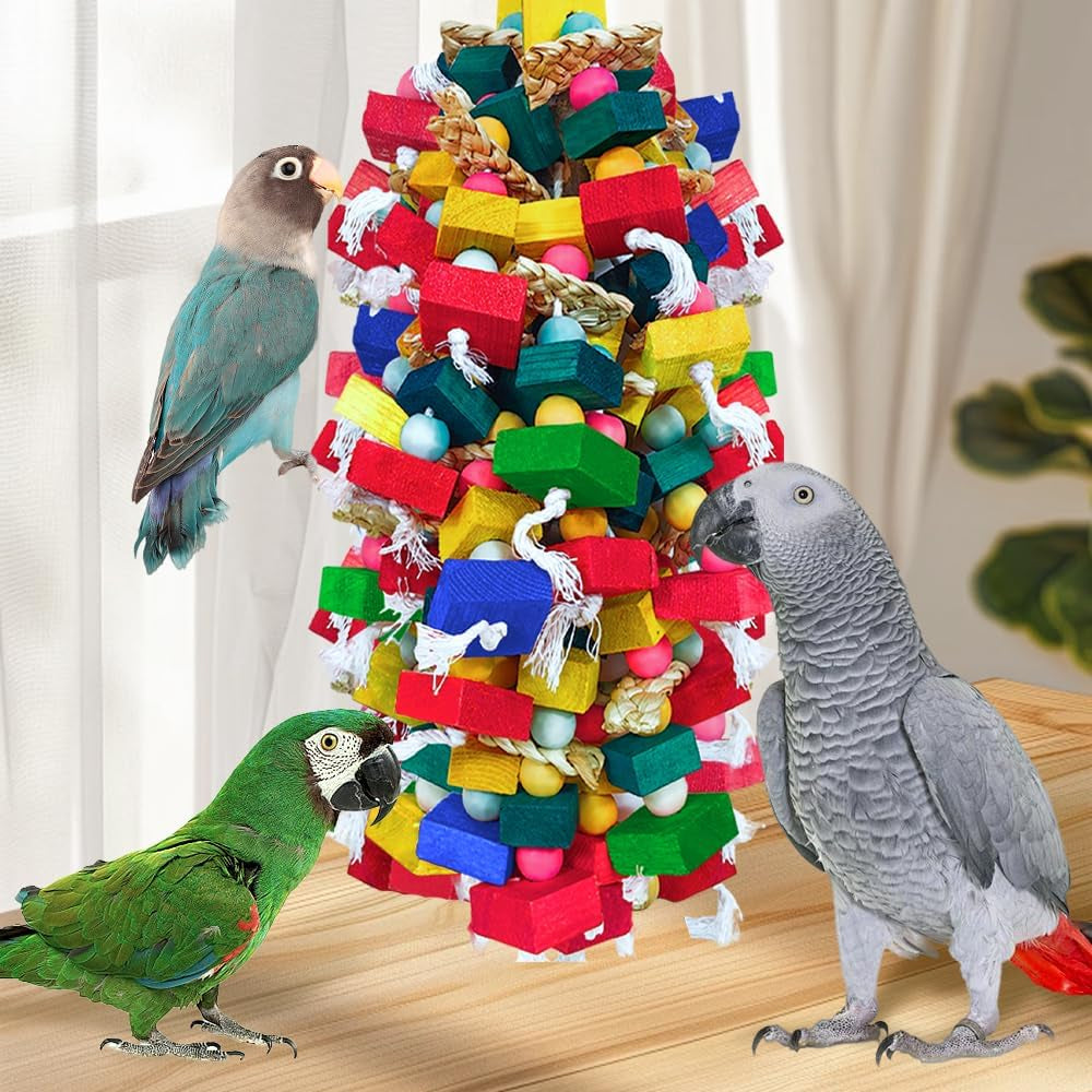 Large Bird Toy Bundle Parrot Chew Toys Natural Wood, Cotton