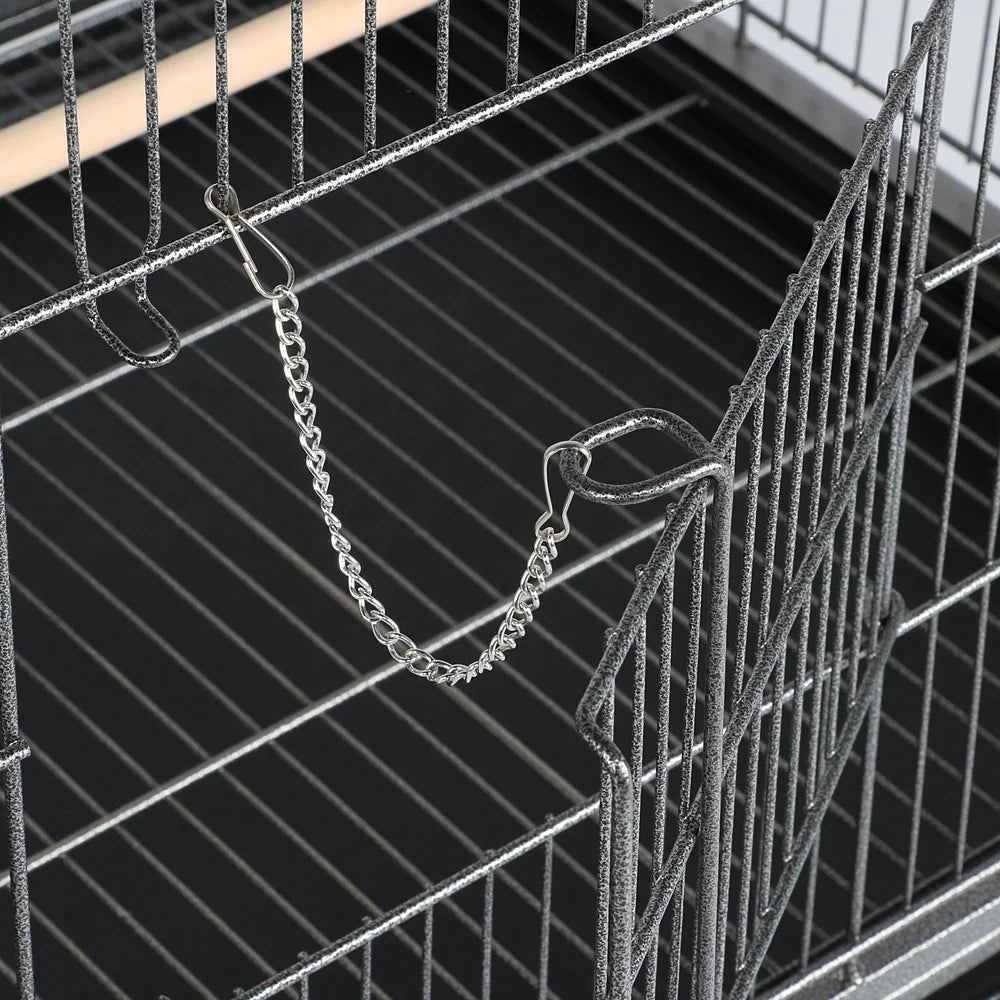 52''H Metal Rolling Bird Cage with 3 Perches & 4 Feeders & Extra Storage Shelf, Black