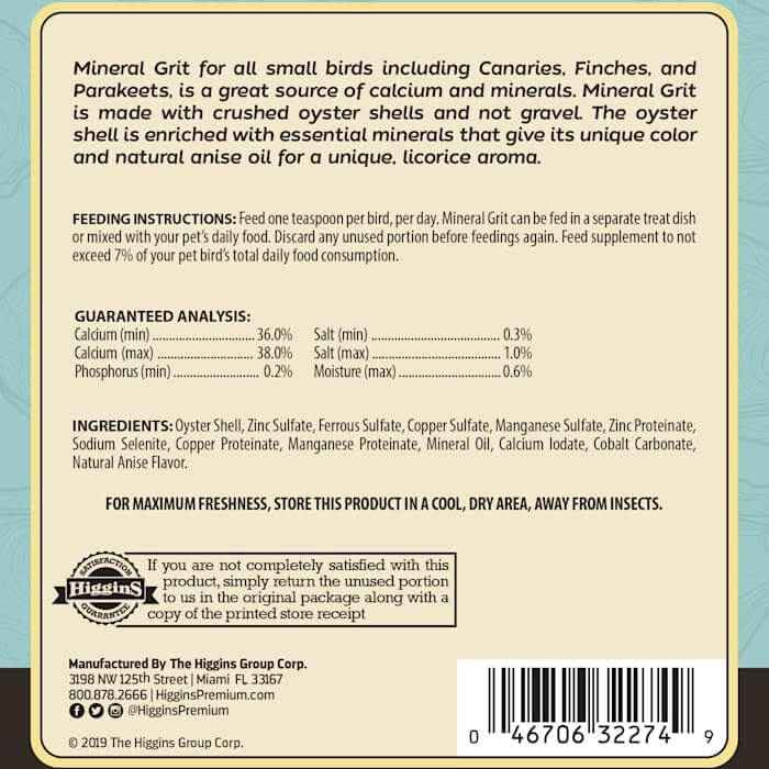 Higgins Mineral Grit Small Birds 6 oz. Calcium Canaries Finches Parakeets