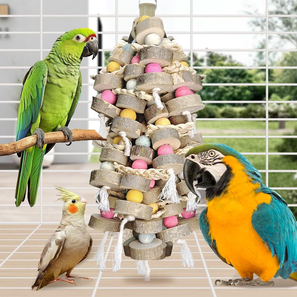 Large Bird Toy Bundle Parrot Chew Toys Natural Wood, Cotton