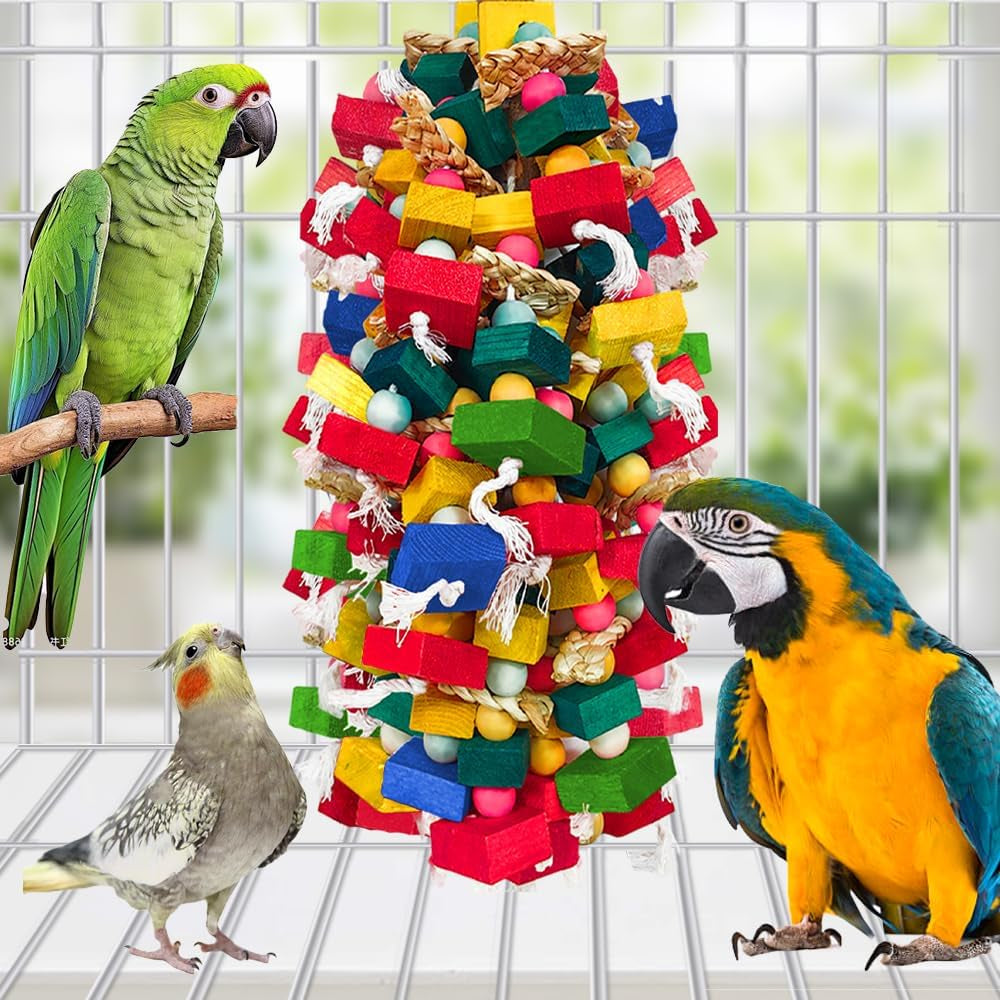 Large Bird Toy Bundle Parrot Chew Toys Natural Wood, Cotton
