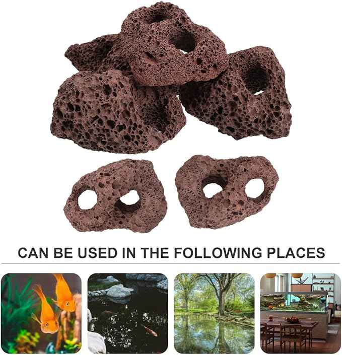 Lava Rock, 6PCS Aquarium Volcanic Stone Plant Fixer Ornaments, Double-Hole Fish Tank Rocks Ornament for Aquascaping, Fish Tank, Terrarium and Landscape Design