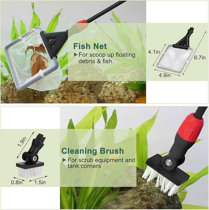 hygger Multi-Use Fish Tank Cleaner, 6 in 1 Aquarium Cleaning Tools Kit with 17.7 Inches Long Handle Algae Scraper Sponge Scrubber Firm Scrub Brush Fish Net Gravel Rake for Acrylic & Glass Tank