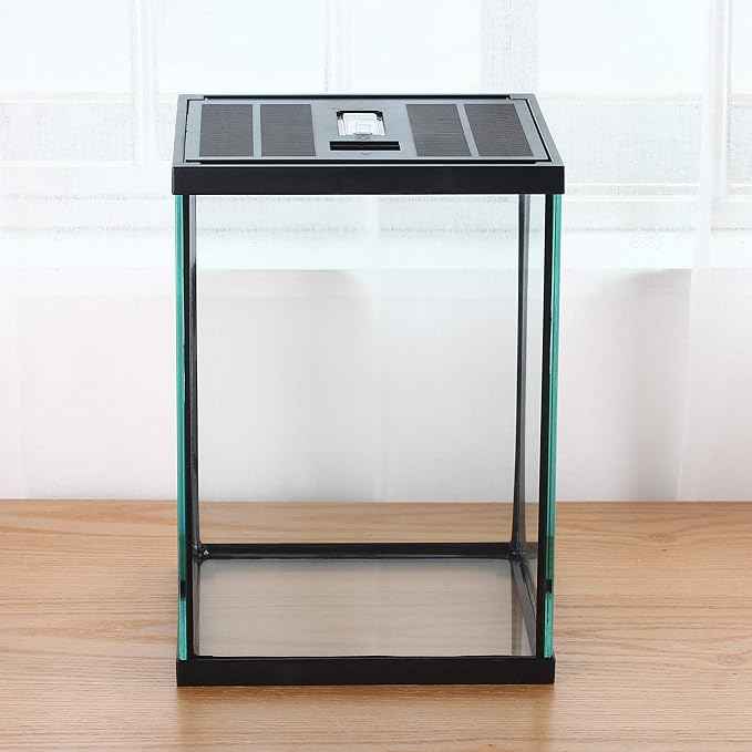 crapelles Black Small Vertical Insect GlassTerrarium, 7.8x7.8x10.8'' Reptile Tank, for Tarantula Larvae Caterpillar Frog Snail Spider Hermit Crab Habitat Container House Cricket Breeding Box