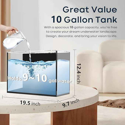10 Gallon Glass Fish Tank, Aquarium for Bettas, Snails, Shrimp, Easy to Maintain Ultra Clear Rimless Dark Background Low Iron