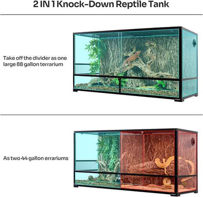 REPTIZOO 88 Gallon Large Reptile Terrarium 48" x 18" x 24" Knock-Down Glass Reptile Tank with Double Hinge Door & Screen Ventilation, Supporting Used as 2 Separate Habitats Easy Assembly