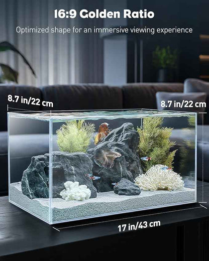 Pawfly 5 Gallon Fish Tank Ultra Clear Rimless Glass Aquarium Kit with Extendable LED Light Internal Filter Magnetic Brush & Thermometer Stickers Rectangular Glass Fish Tank Kit for Bettas, Shrimp, Plants