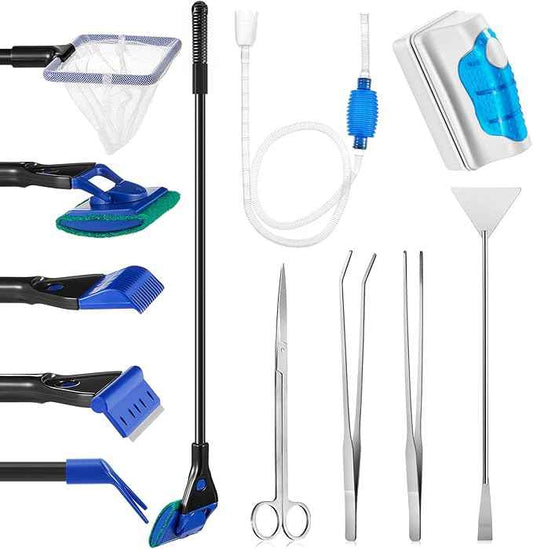 Aquarium Fish Tank Cleaning Tool Kit Include 4 Pcs Long Aquascape Tools Kit 1 Pcs Magnetic Glass Cleaner Brush 5 in 1 Fish Tank Gravel Cleaner and Siphon Vacuum for Terrarium Fish Tank Set
