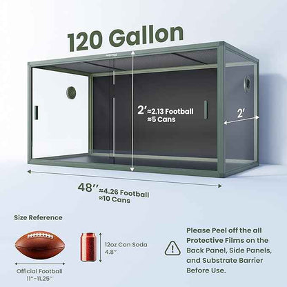 120 Gallon (48" x 24" x 24") Reptile Tank with Sliding Door Top Screen Ventilation, Front Opening Reptile Enclosure for Easy Maintenance