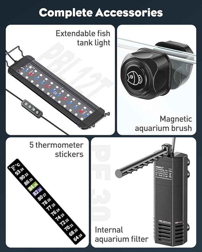 Pawfly 5 Gallon Fish Tank Ultra Clear Rimless Glass Aquarium Kit with Extendable LED Light Internal Filter Magnetic Brush & Thermometer Stickers Rectangular Glass Fish Tank Kit for Bettas, Shrimp, Plants