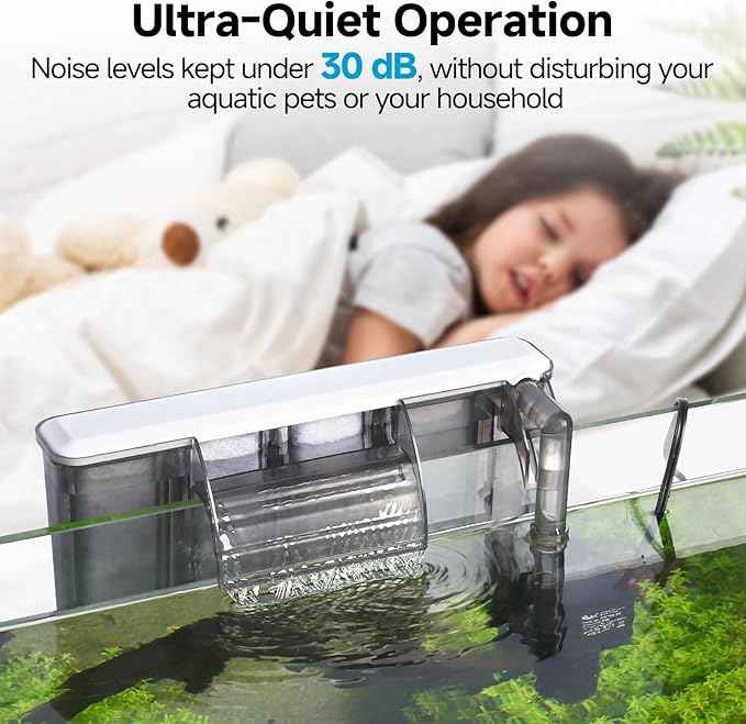 AQQA Quiet 30-50 Gallon Fish Tank Filters - Auto Start Hang on Back Aquarium Filter, Adjustable Flow, Deodorization Decontamination Filter System AQ168 (8W 200GPH)