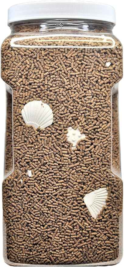 Aquatic Foods Inc. Shrimp Grower 45% Protein 1/16" x 3/8" Sinking Pellets with 15 Calcium Enriched Food Disks for Shrimp, Snails, Crabs, Catfish, Plecos, Bottom Fish, All Tropical Fish...12oz Jar