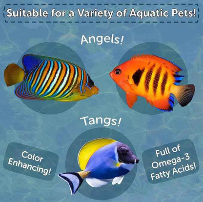 Aquatic Foods Inc. Marine Fish Flakes of Red & Green Algae, Seaweed for Tangs, Butterflies, Angelfish, Anthias, Clown Fish, Damsels Also Pellet Mix, Wafer Mix Included…AFI 2oz Jar