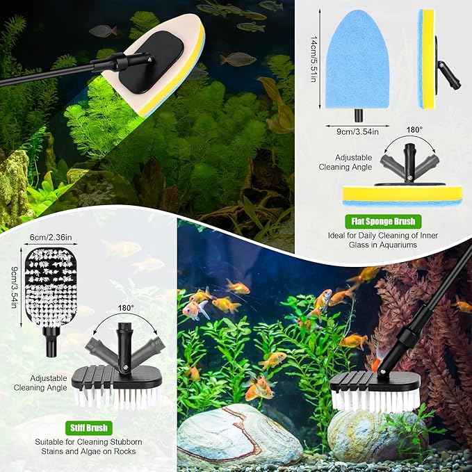 AQQA Aquarium Cleaning Tools Multifunctional 6-in-1 Fish Tank Cleaning Kits with Telesopic Handle Alage Scraper Sponge Scrubber Stiff Brush Plant Fork Gravel Rake Fish Net