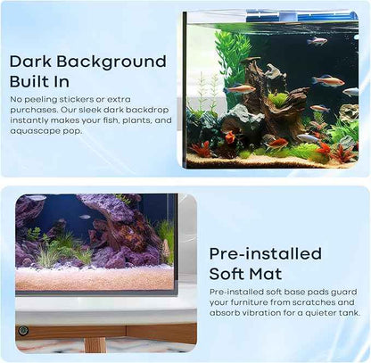 10 Gallon Glass Fish Tank, Aquarium for Bettas, Snails, Shrimp, Easy to Maintain Ultra Clear Rimless Dark Background Low Iron