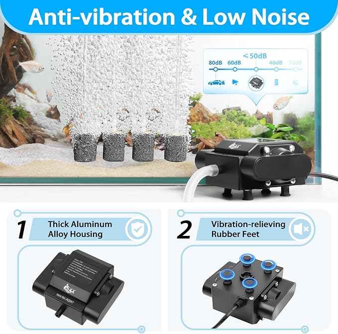 AQQA Powerful Aquarium Air Pump Adjustable Fish Oxygen Aerator Pump for Basement Aquarium Ponds Hydroponic 4 Outlets Commercial Air Pump Bubbler with Accessories for Fish Tank Up to 600Gal(10W,237GPH)