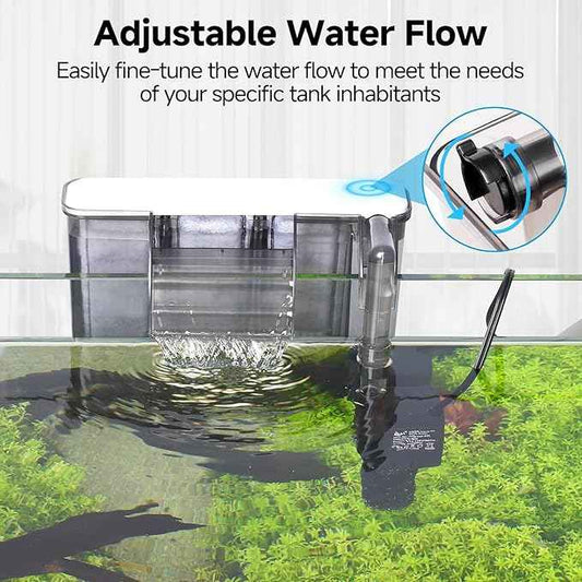 AQQA Quiet 20-30 Gallon Fish Tank Filters - Auto Start Hang on Back Aquarium Filter, 6W/ 8W Adjustable Flow, Deodorization Decontamination Filter System AQ168 (6W 158GPH)
