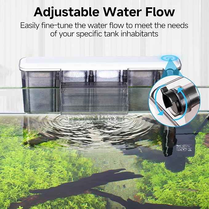 AQQA Quiet 30-50 Gallon Fish Tank Filters - Auto Start Hang on Back Aquarium Filter, Adjustable Flow, Deodorization Decontamination Filter System AQ168 (8W 200GPH)