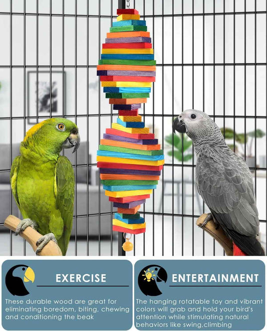 Bird Chew Toy with Wooden Blocks, Hanging Parrot Toy for Medium to Large Birds