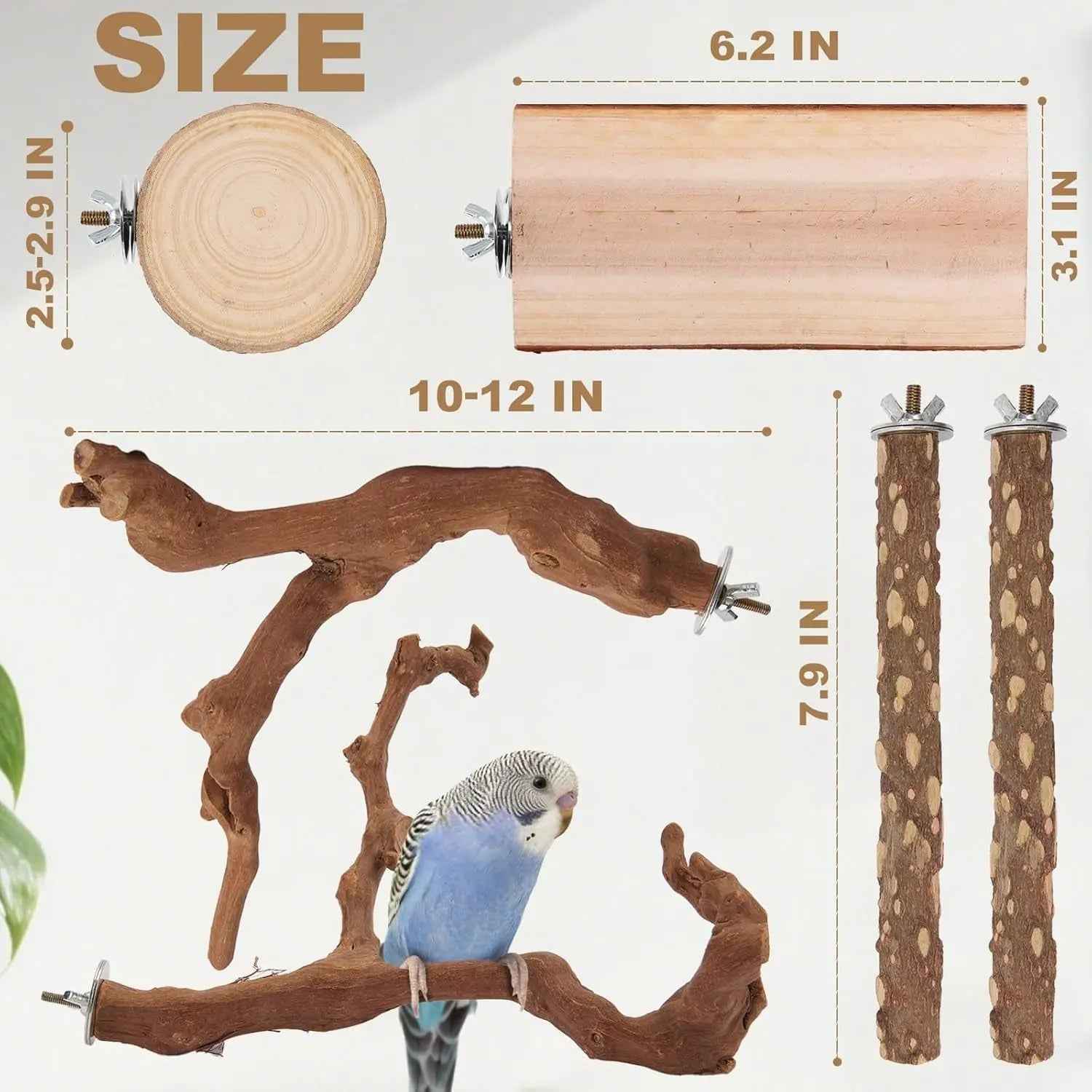 Natural Bird Perch Set – 6PC Grapewood & Peppercorn Branch Perches, Toys