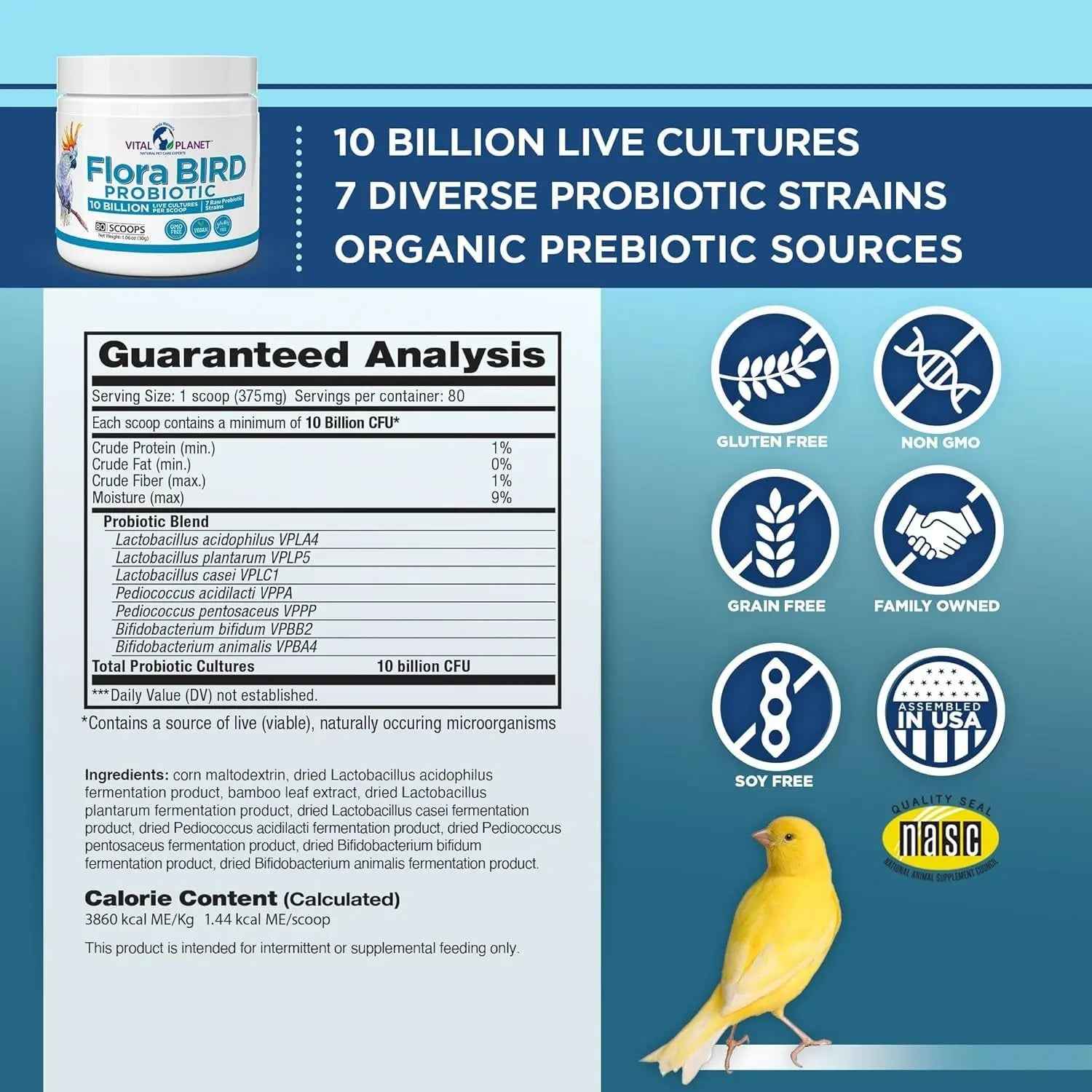 Vital Planet Flora Bird Probiotic Powder, 10 Billion CFU, 7 Strains
