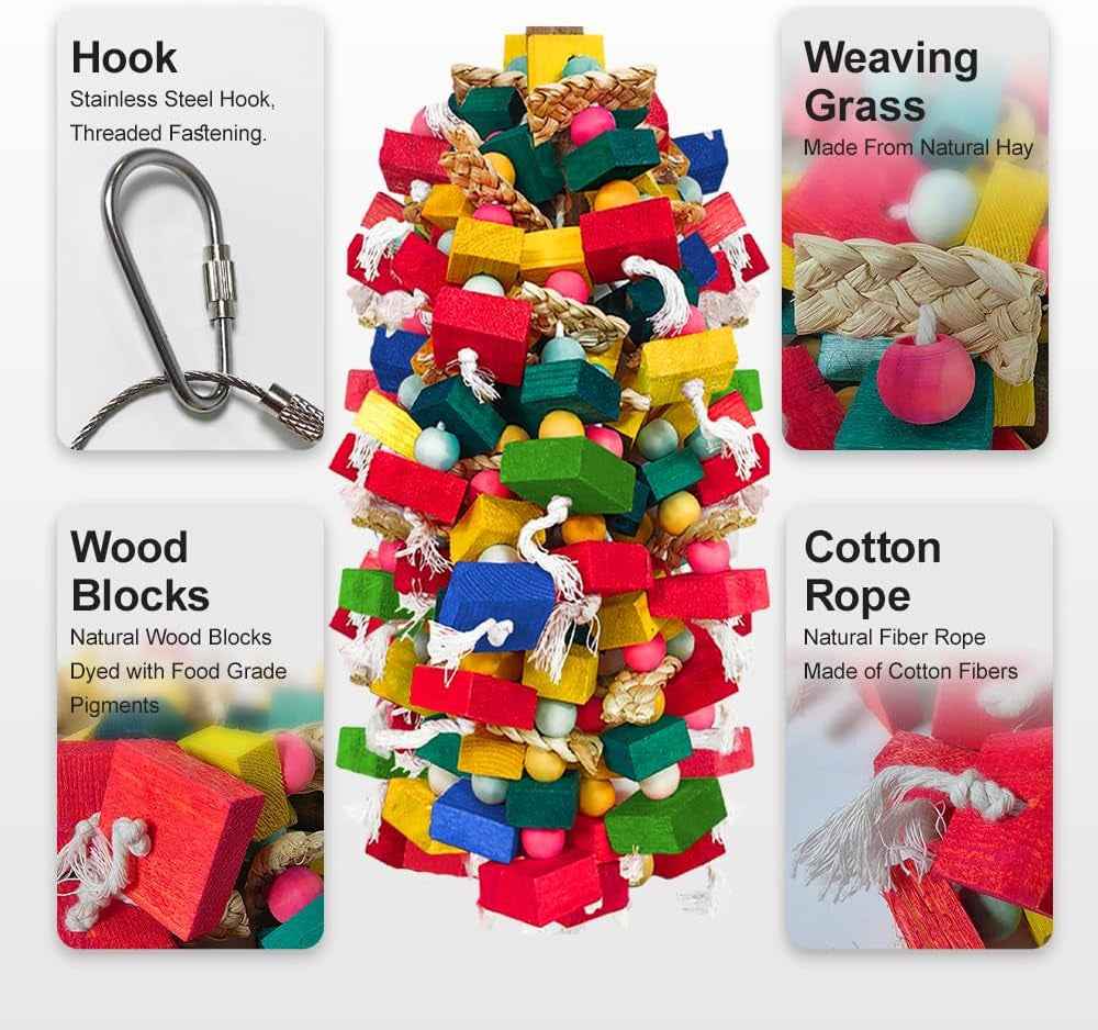 Large Bird Toy Bundle Parrot Chew Toys Natural Wood, Cotton