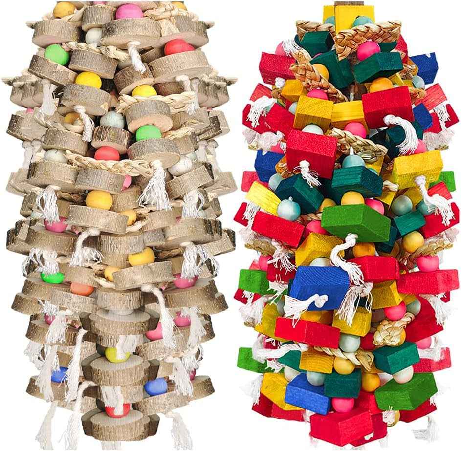 Large Bird Toy Bundle Parrot Chew Toys Natural Wood, Cotton