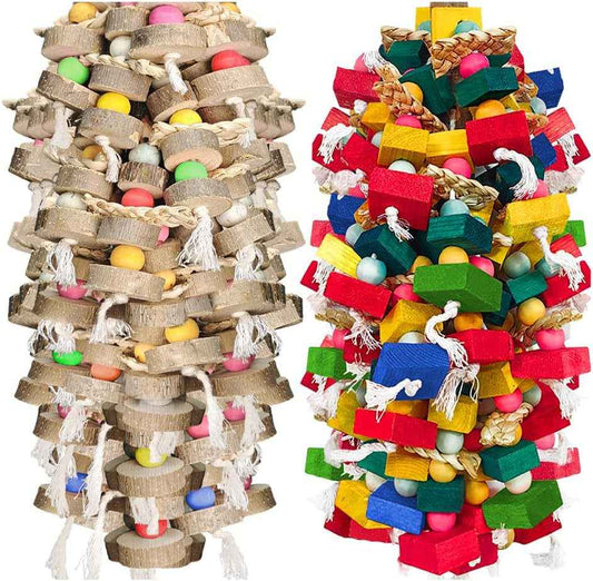 Large Bird Toy Bundle Parrot Chew Toys Natural Wood, Cotton
